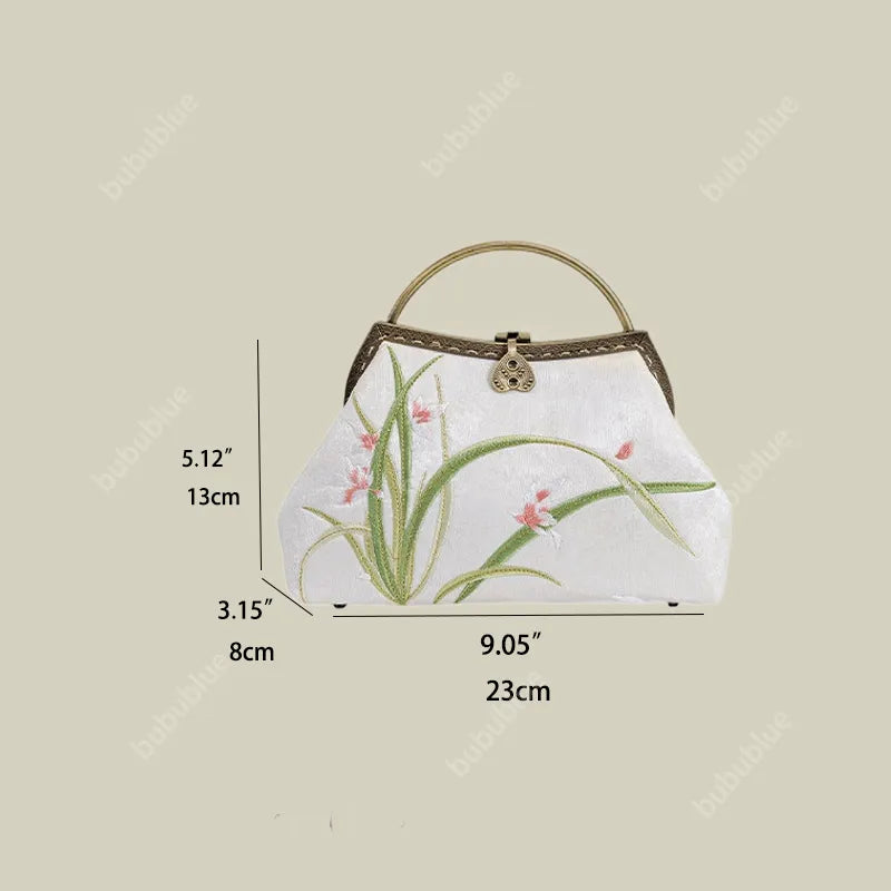 Orchid Embroidery White Handbag With Round Metal Handles