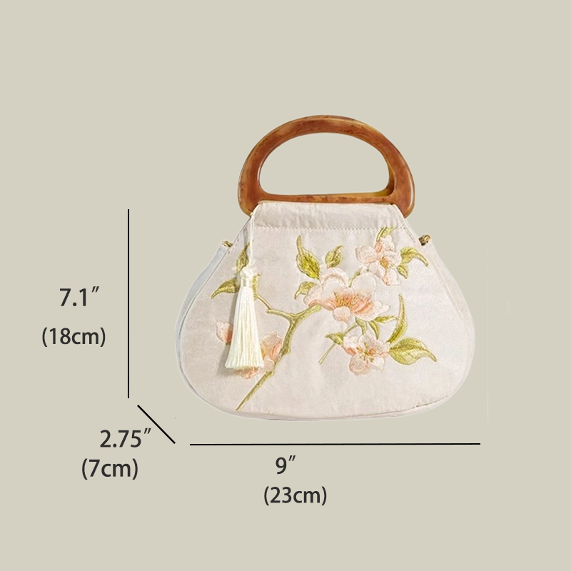 Peony Bloom White Embroidered Handbag with Wooden Handle