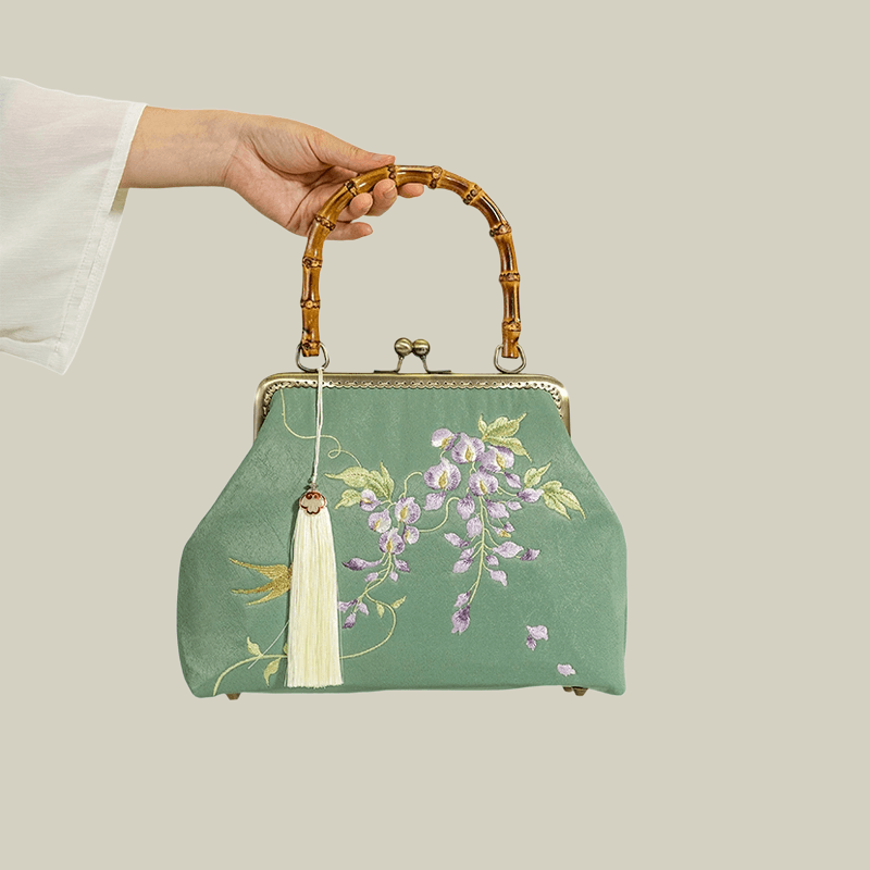 Swallow Embroidered Bamboo Handle Bag with Kiss-Lock
