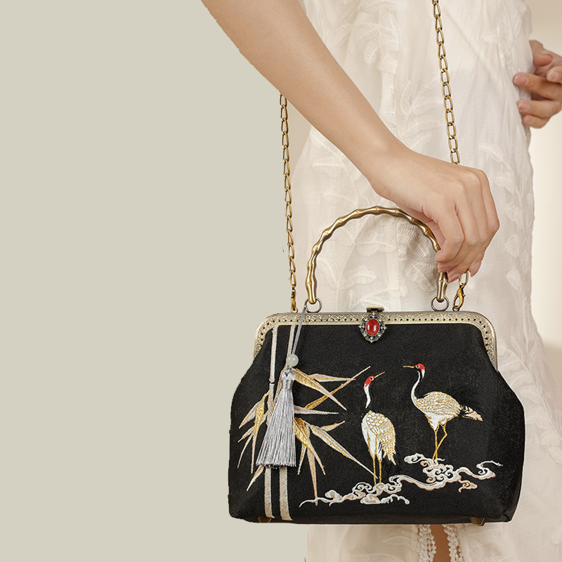 Twin Birds in Bamboo Embroidered Handbag