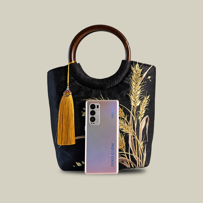 Golden Wheat Embroidered Tote Bag with Tassel
