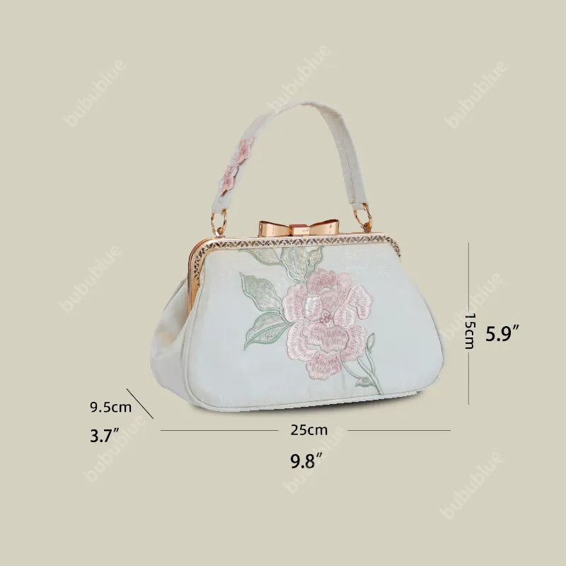 Vintage Begonia Embroidered Square Satin Handbag with Bow Lock