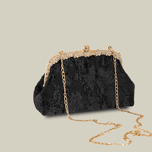 Floral Embroidered Pearl Handle Black Handbag