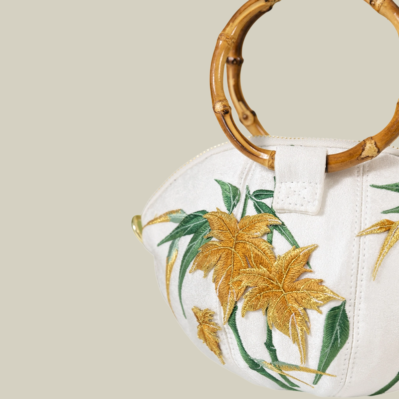 Maple Leaf Embroidered Shell Handbag with Bamboo Handle