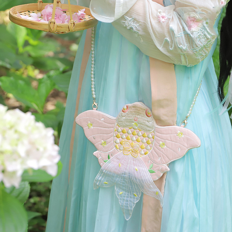 Goldfish Embroidered Crossbody Bag with Pearl Chain