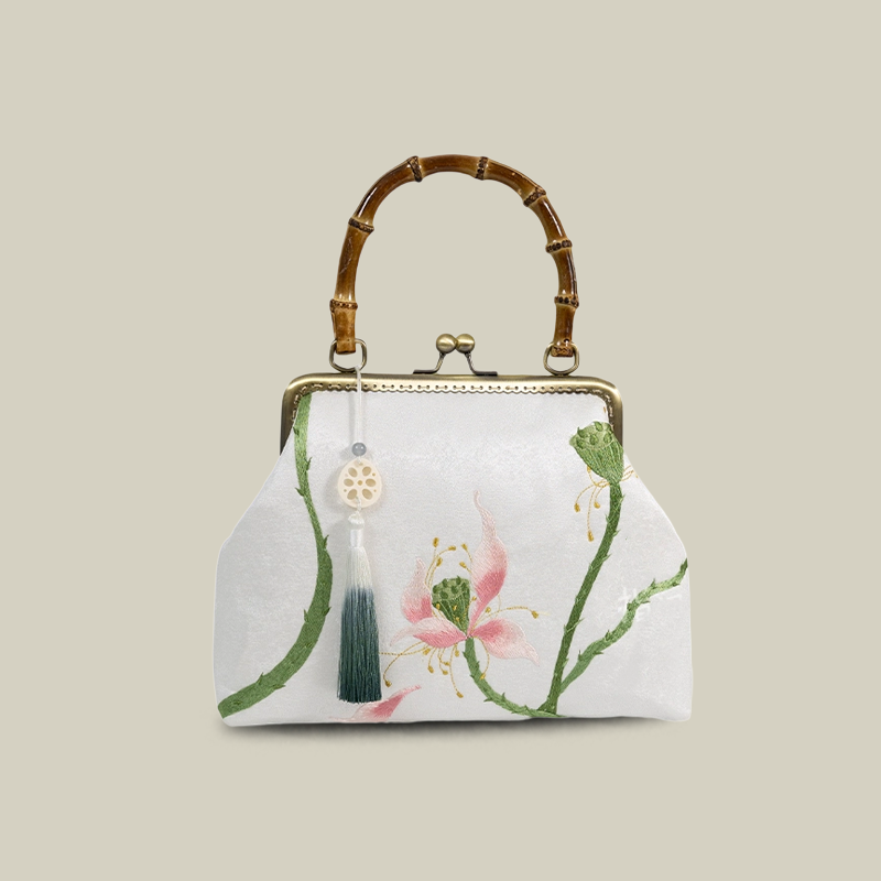 White Lotus Embroidered Handbag with Vintage Kiss Lock