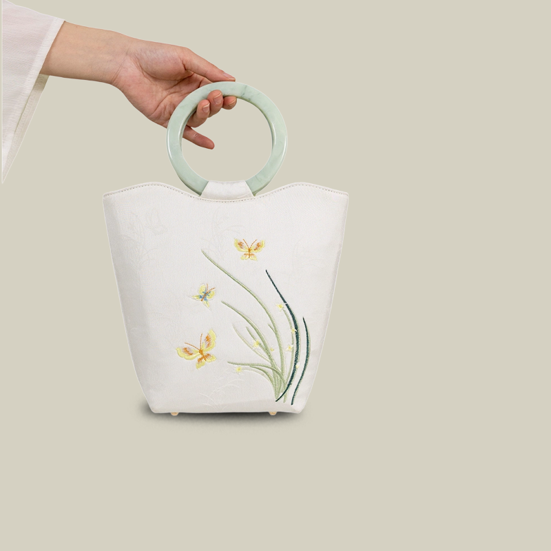White Lotus Embroidered Tote Bag with Green Acrylic Handle
