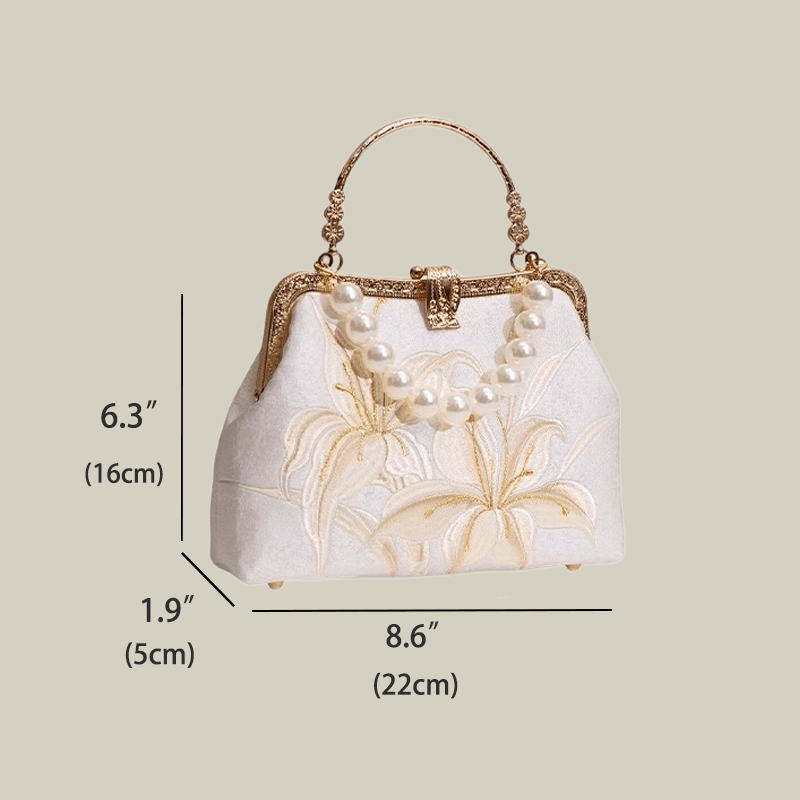 Lily Embroidered Pearl Handle Handbag with Metal Lock