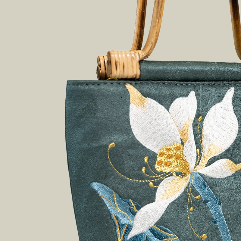 Lotus Embroidered Tote Bag with Bamboo Handle