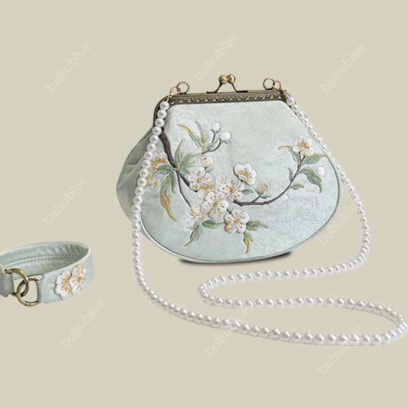 Vintage Pear Blossom Embroidered Shell Handbag with Kiss Lock