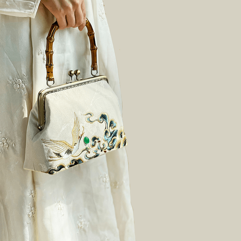 Embroidered Crane Handbag with Metal Kiss Lock