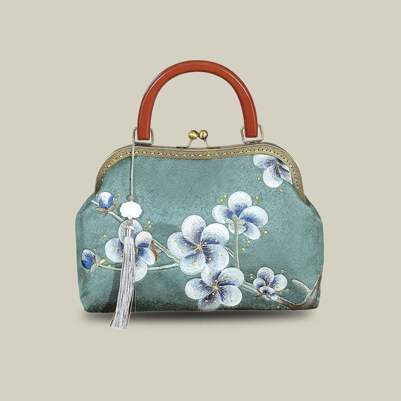 Plum Blossom Embroidered Kiss-Lock Handbag with Acrylic Handle