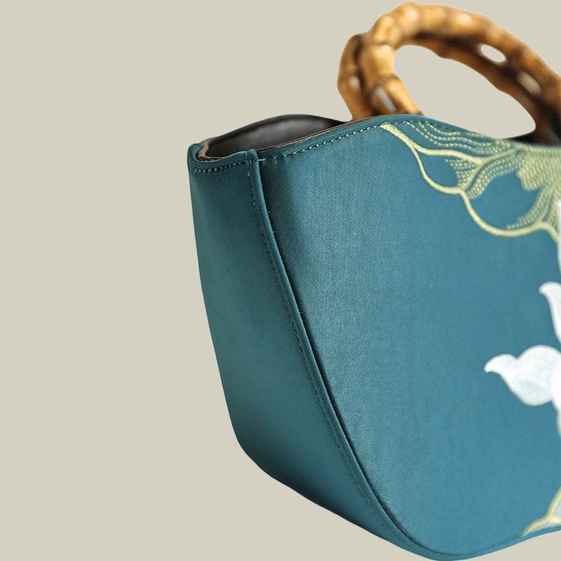 Lotus Embroidery Bamboo Handle Tote Bag
