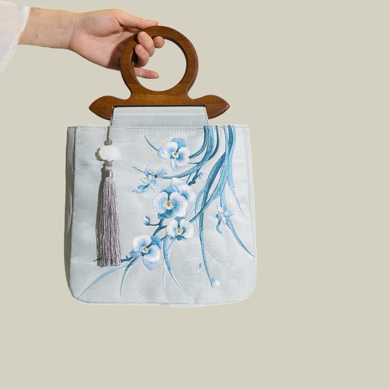 Phalaenopsis Whisper Embroidered Tote with Wooden Handle