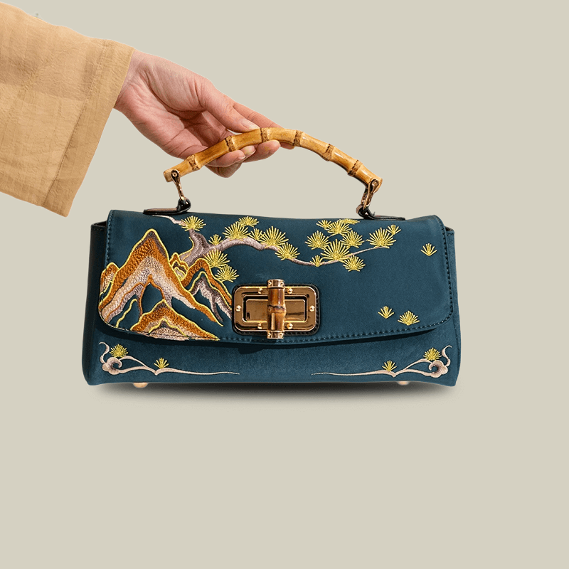 Mountain Pine Embroidered Boston Bag with Bamboo Handle