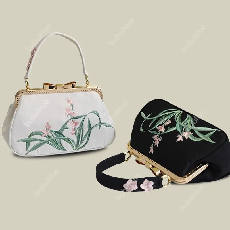 Vintage Orchid Embroidered Handbag with Metal Butterfly Lock