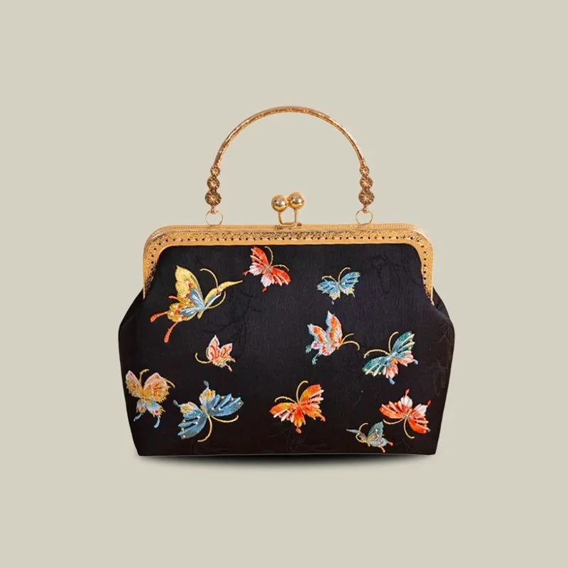 Butterfly Garden Embroidered Handbag with Vintage Metal Kiss-Lock