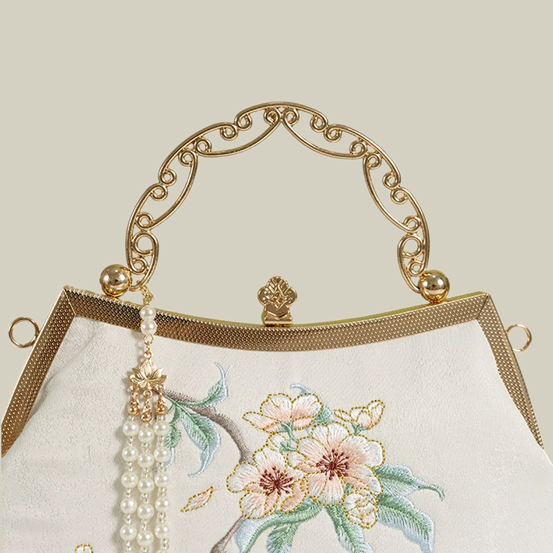 White Pear Blossom Embroidered Handbag with Pearl Tassel