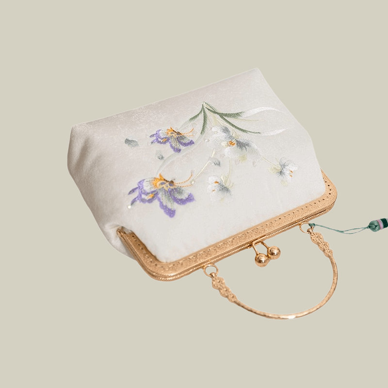 Butterfly Embroidered White Kiss-Lock Handbag