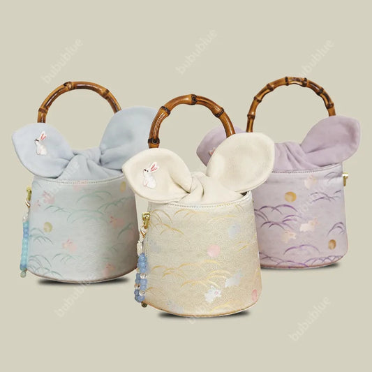 Bamboo Handle Bunny Cottagecore Ear Bucket Purse