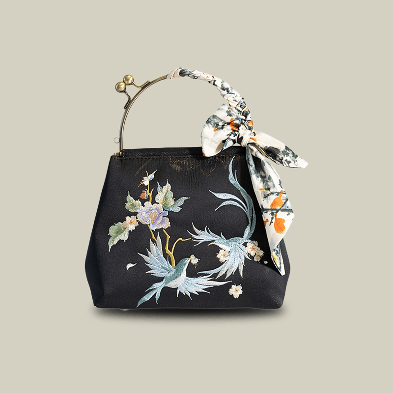 Kiss-Lock Embroidered Bird & Blossom Handbag with Silk Scarf