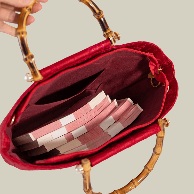Red Peony Bloom Embroidered Tote Bag with Bamboo Handle