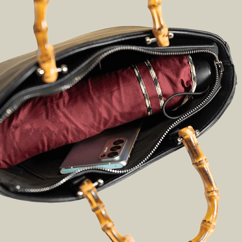 Lotus Embroidery Bamboo Handle Tote Bag