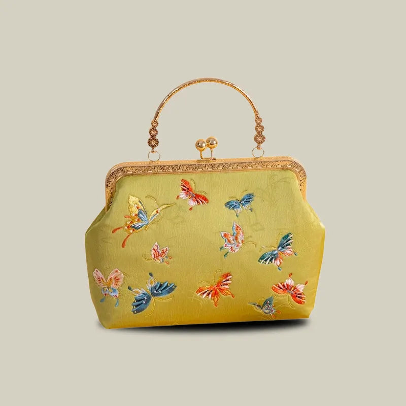 Butterfly Garden Embroidered Handbag with Vintage Metal Kiss-Lock