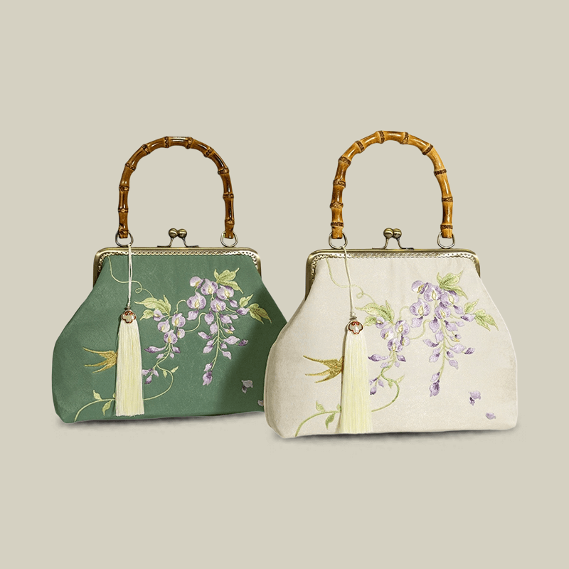 Swallow Embroidered Bamboo Handle Bag with Kiss-Lock