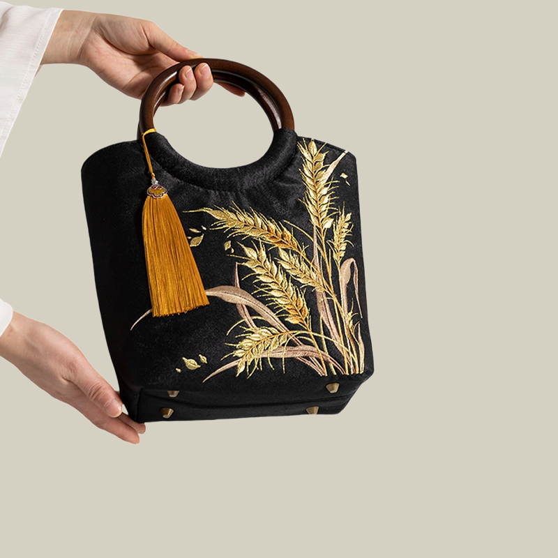Golden Wheat Embroidered Tote Bag with Tassel