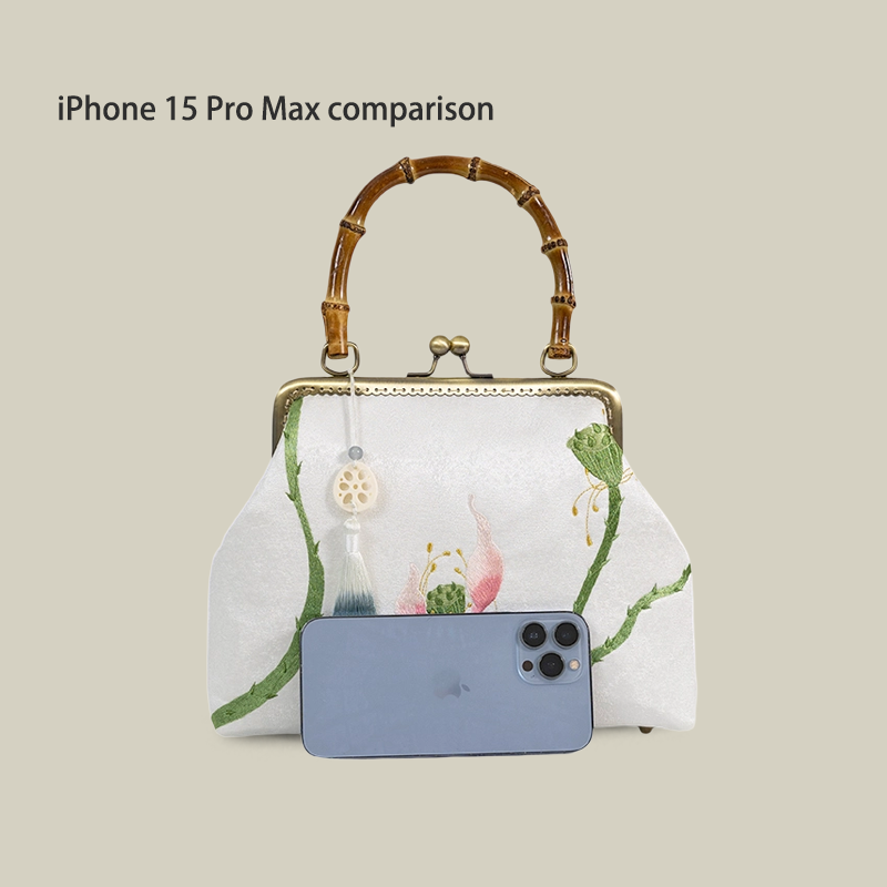 White Lotus Embroidered Handbag with Vintage Kiss Lock