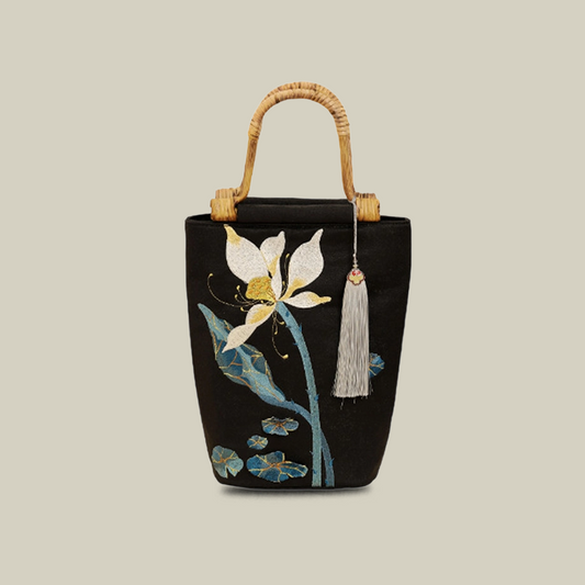 Lotus Embroidered Tote Bag with Bamboo Handle