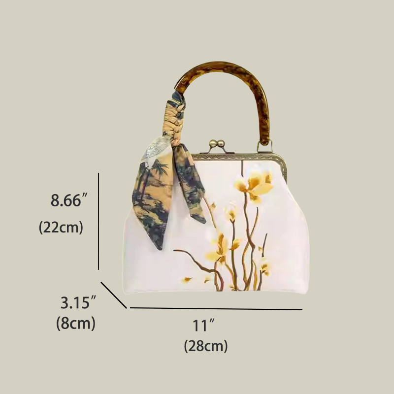 Floral Embroidered Kiss-Lock Handbag with Silk Scarf