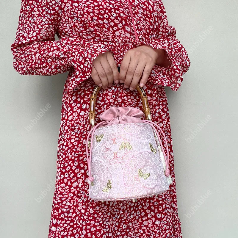 Golden Butterfly Embroidered Bucket Bag(Pink/Purple)