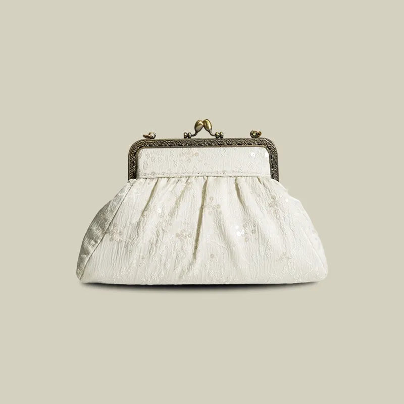 Vintage Pearl Tassel Satin Evening Bag with Kiss Lock(White/Black)