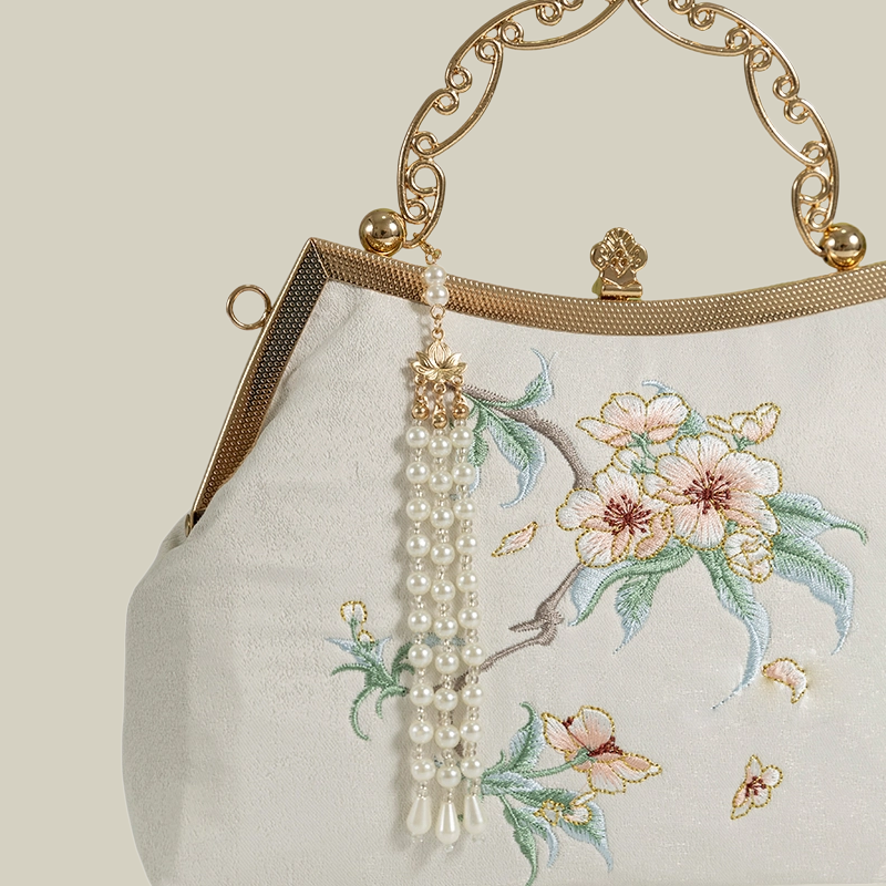 White Pear Blossom Embroidered Handbag with Pearl Tassel