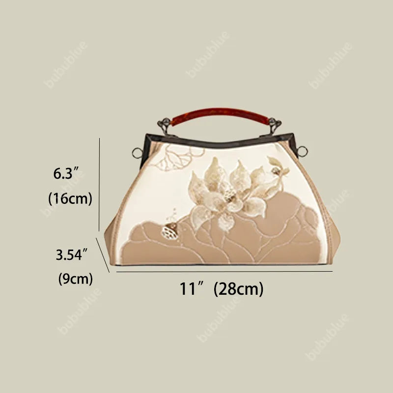 Lotus Embroidered Beige Leather Handbag with Vintage Kiss Lock