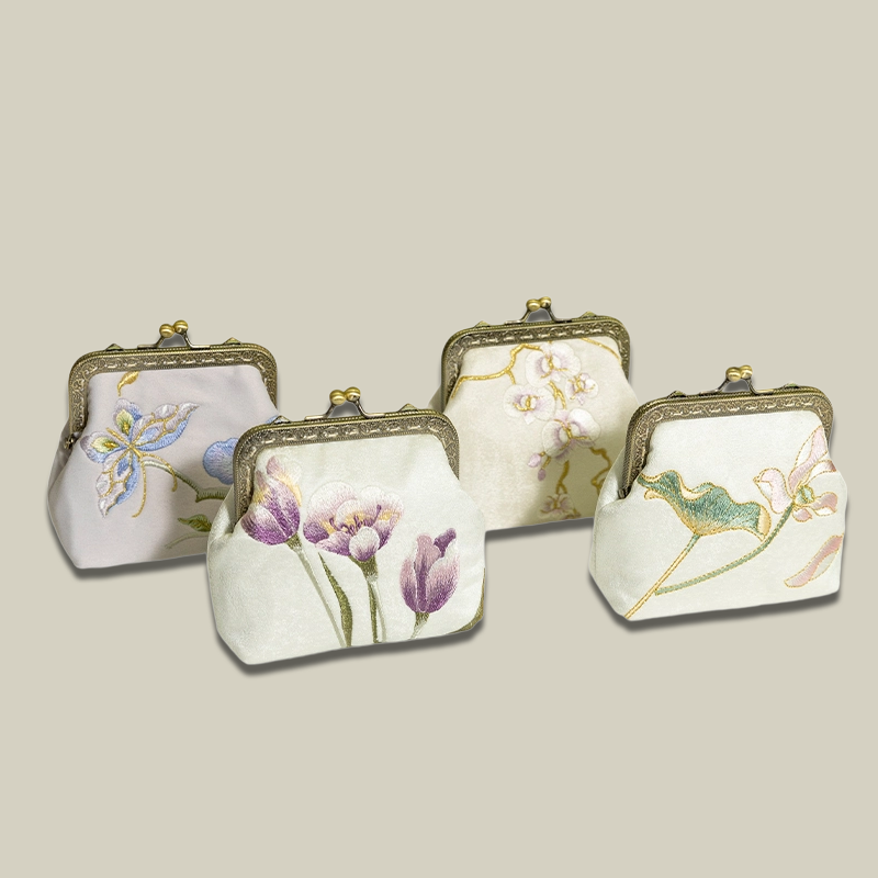 Mini Lotus Blossom Embroidered Coin Purse with Metal Kiss-Lock