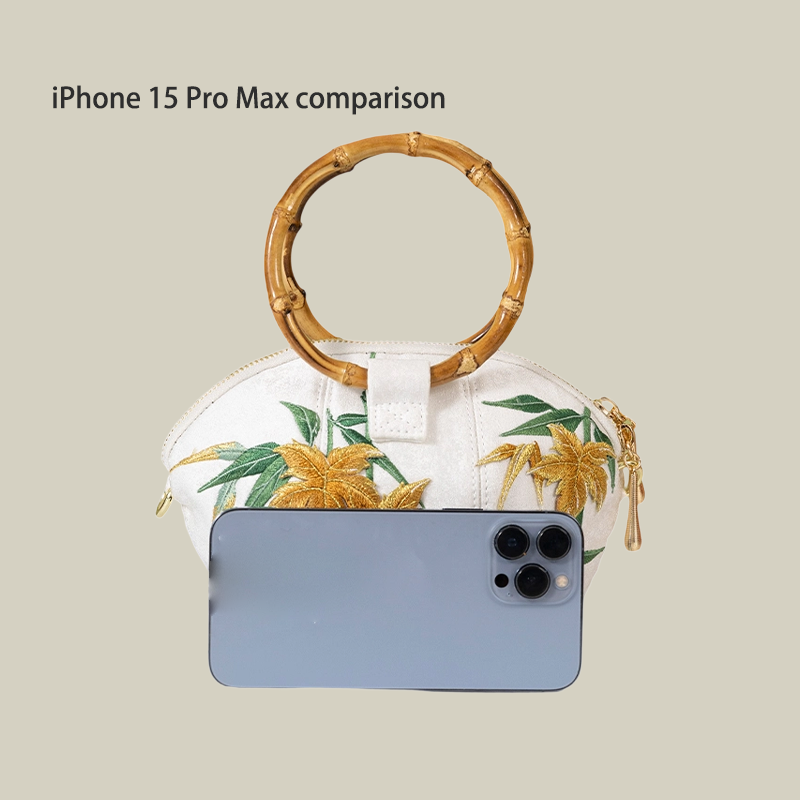 Maple Leaf Embroidered Shell Handbag with Bamboo Handle