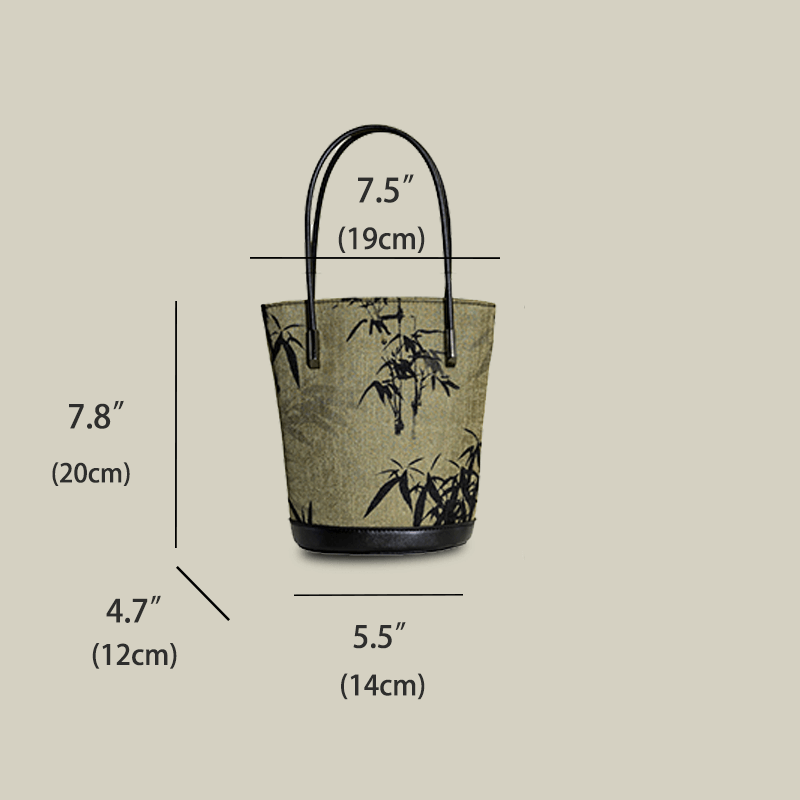 Ink Bamboo Printed Green Bucket Bag with Leather Strap