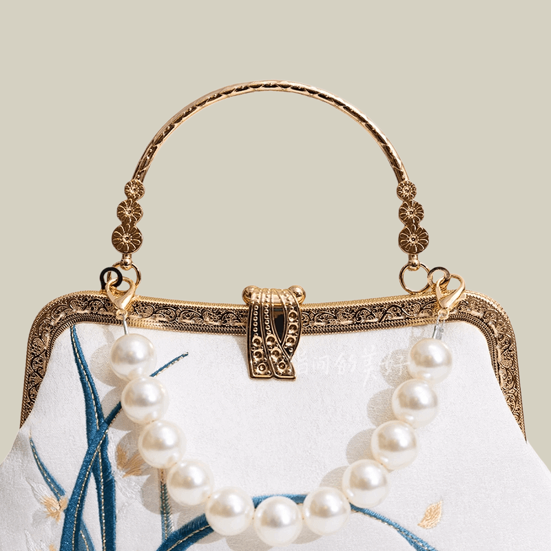 Orchid Embroidered Pearl Handle Handbag with Metal Lock