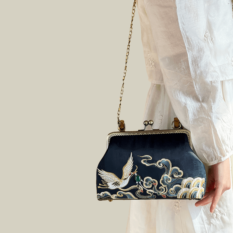 Embroidered Crane Handbag with Metal Kiss Lock