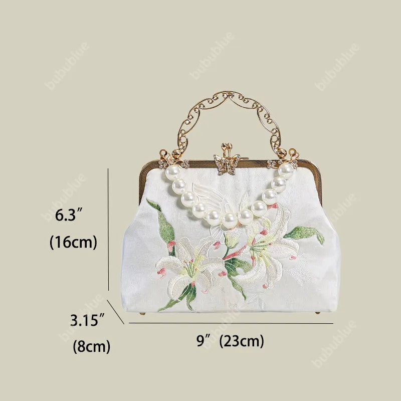 Lily Embroidered Pearl Handle Vintage Evening Clutch with Butterfly Kiss Lock