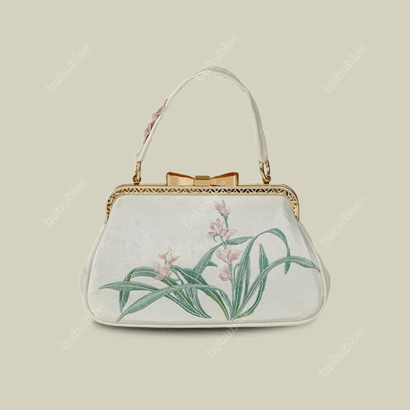 Vintage Orchid Embroidered Handbag with Metal Butterfly Lock