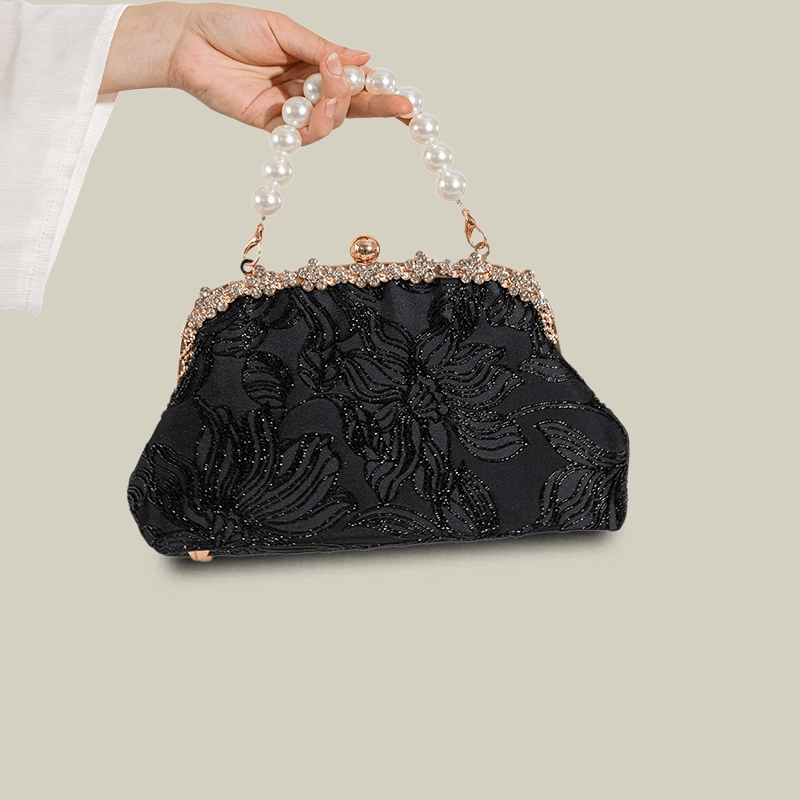 Floral Embroidered Pearl Handle Black Handbag