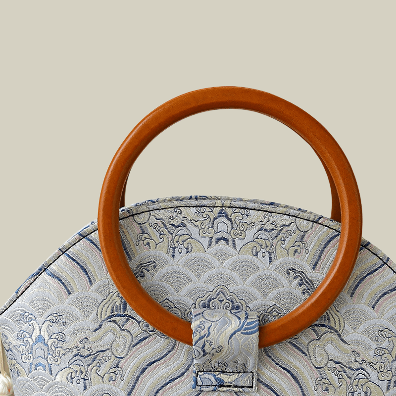 Brocade Shell Handbag with Wooden Ring Handle