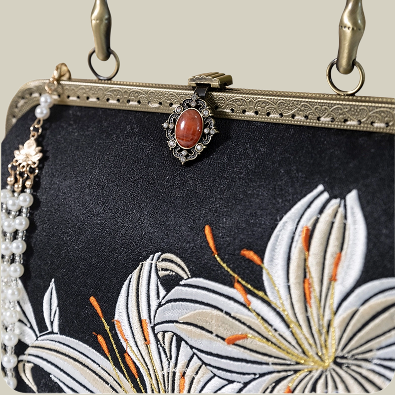 Lily Embroidered Handbag with Pearl Tassel