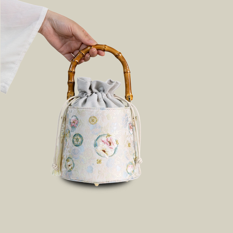 Floral Embroidered Satin Bucket Bag with Bamboo Handle