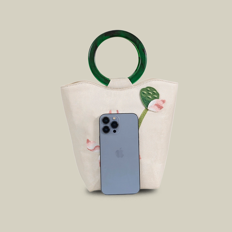 White Lotus Embroidered Tote Bag with Green Acrylic Handle