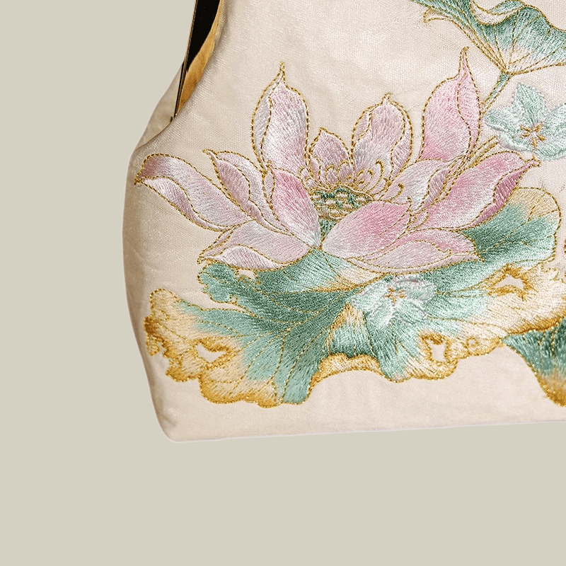Embroidered Lotus Square Kiss-Lock Handbag with Acrylic Handle